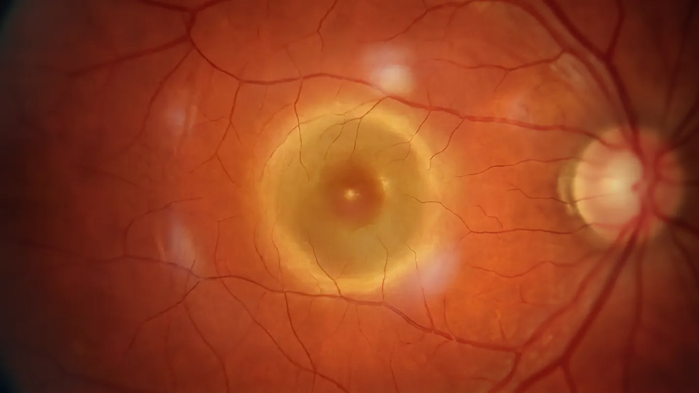 The macula at the centre of the retina.